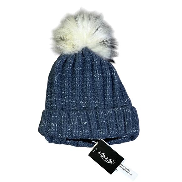 NWT Kyi Kyi Knit Faux Fur Pom Pom Fold Up Beanie Womens OS Blue Cottagecore - Picture 1 of 7